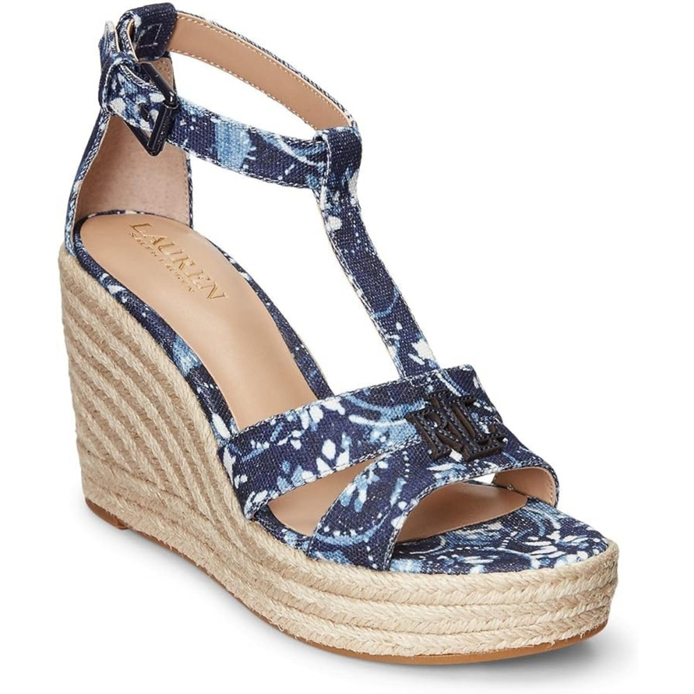 Lauren Ralph Lauren Hale Platform Sandal Blue Floral Espadrille Wedge 10 NIB